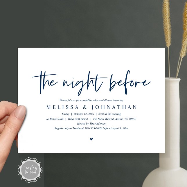 Invitation La veille, Dîner de répétition Mariage Invitat (The Night Before, Wedding Rehearsal Dinner Invitation Card, Modern Casual Script, in Navy Blue)