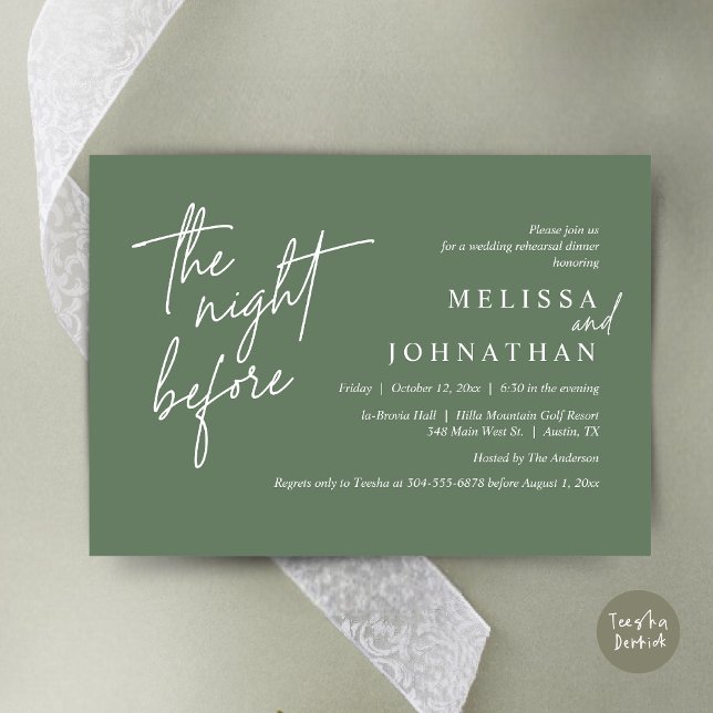 Invitation La veille, Dîner De Répétition Mariage Moderne (The Night Before, Modern Wedding Rehearsal Dinner Modern Invitation Card, PDF, in Forest Sage Green)