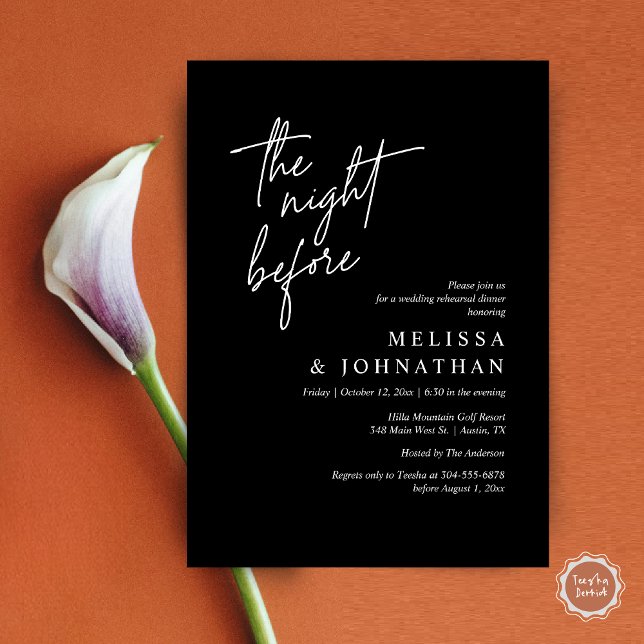 Invitation La veille, Dîner De Répétition Mariage Moderne (The Night Before, Modern Wedding Rehearsal Dinner Modern Invitation Card, PDF, in Classy Black)