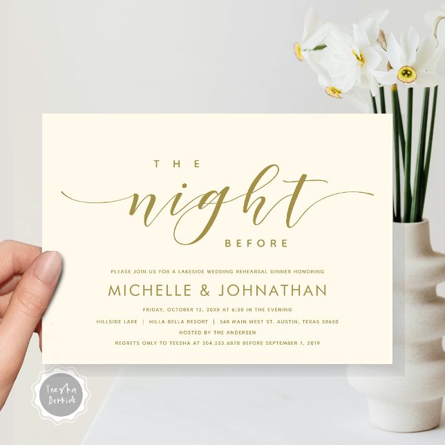 Invitation La veille, Dîner De Répétition Mariage Moderne (The Night Before, Modern Wedding Rehearsal Dinner Invitation Card, Printed and File, in Gold.)