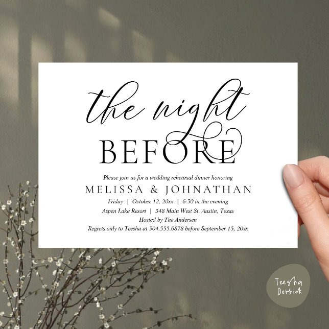 Invitation La veille, Dîner De Répétition Mariage Moderne (The Night Before, Modern Wedding Rehearsal Dinner Invitation Card, PDF, Classy Elegant, White Black)
