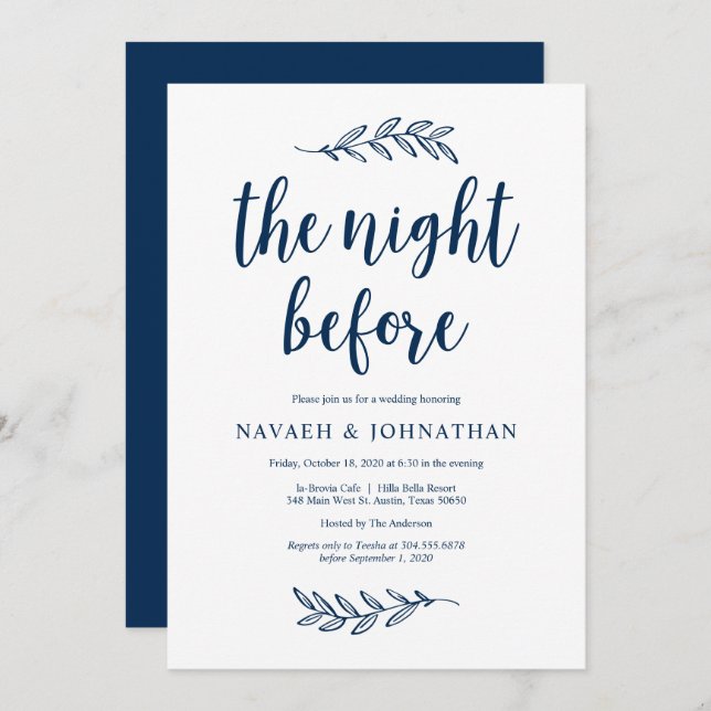 Invitation La veille, Navy Blue, Dîner de répétition (Devant / Derrière)