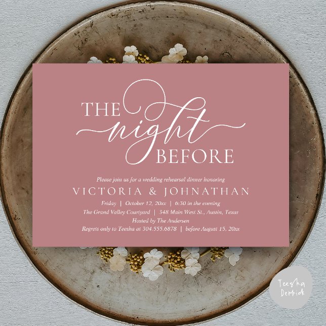 Invitation La veille, Soirée de répétition Mariage (The Night Before, Wedding Rehearsal Dinner Party Classy Romantic Invitation Card PDF Dusty Rose Pink)