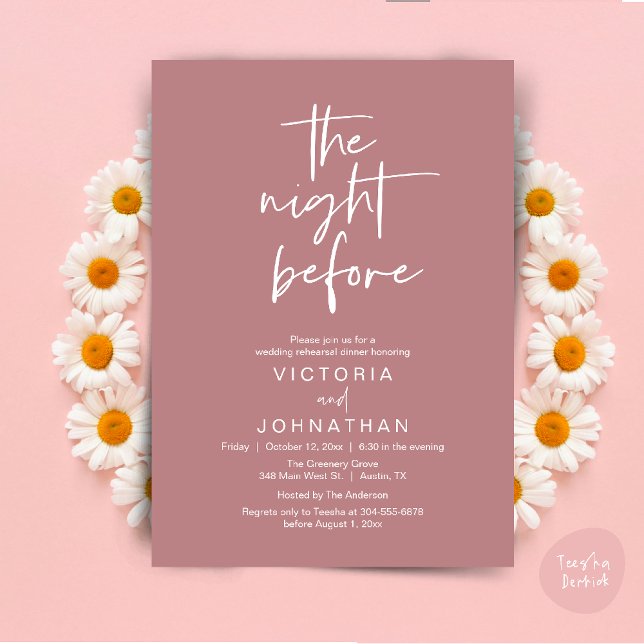 Invitation La veille, Soirée de répétition Mariage (The Night Before, Wedding Rehearsal Dinner Party Invites Card PDF Romantic Modern Casual Dusty Rose)
