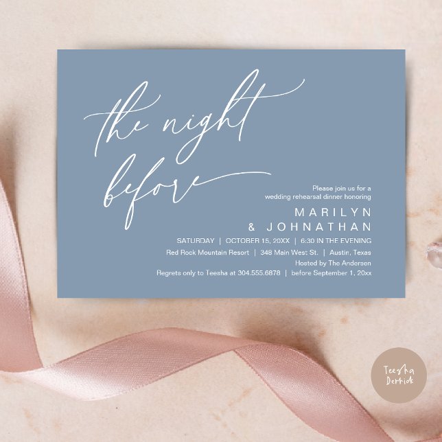 Invitation La veille, Soirée de répétition Mariage (The Night Before, Romantic Modern Wedding Rehearsal Dinner Party Invitation Card PDF Dusty Blue)