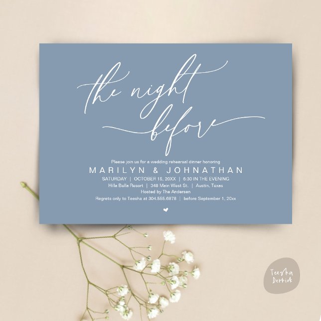 Invitation La veille, Soirée de répétition Mariage (The Night Before, Romantic Modern Wedding Rehearsal Dinner Party Invitation Card PDF Dusty Blue)