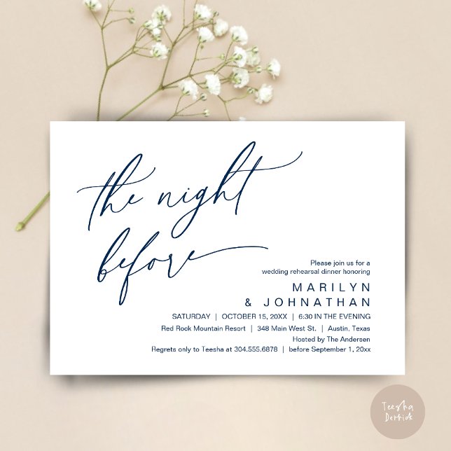 Invitation La veille, Soirée de répétition Mariage (The Night Before, Romantic Modern Wedding Rehearsal Dinner Party Invitation Card PDF Navy Blue)