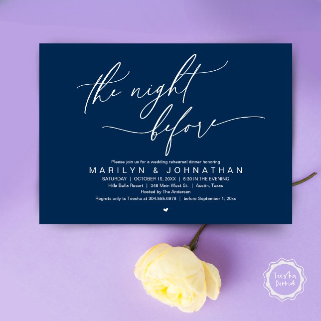 Invitation La veille, Soirée de répétition Mariage (The Night Before, Romantic Modern Wedding Rehearsal Dinner Party Invitation Card PDF Navy Blue)