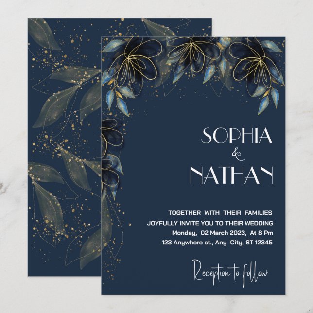Invitation La verdure et la feuille d'or | Dark Navy Mariage (Devant / Derrière)