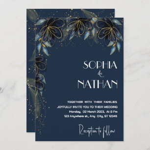 Invitation La verdure et la feuille d'or Dark Navy Mariage