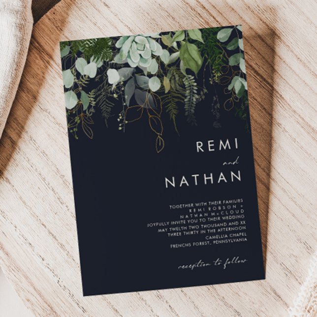 Invitation La verdure et la feuille d'or | Dark Navy Mariage (Créateur téléchargé)