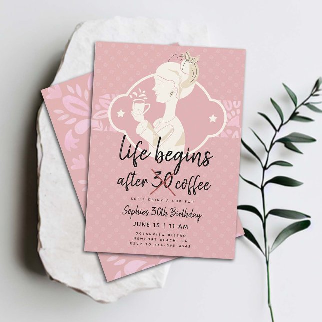 Invitation La vie amusante commence après le café 30e anniver (funny 30th birthday party invitation for women life begins after 30 coffee party joke elegant classy)