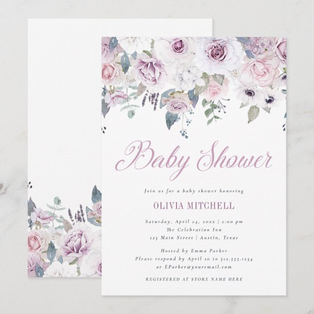 Invitation La violette rougissent baby shower floral de | (Devant / Derrière)