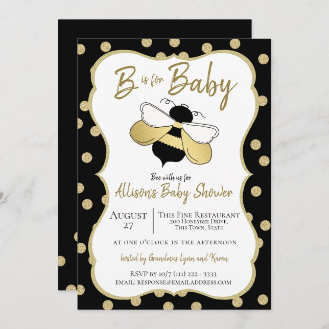 Invitation L'abeille est pour le Baby shower (Devant / Derrière)