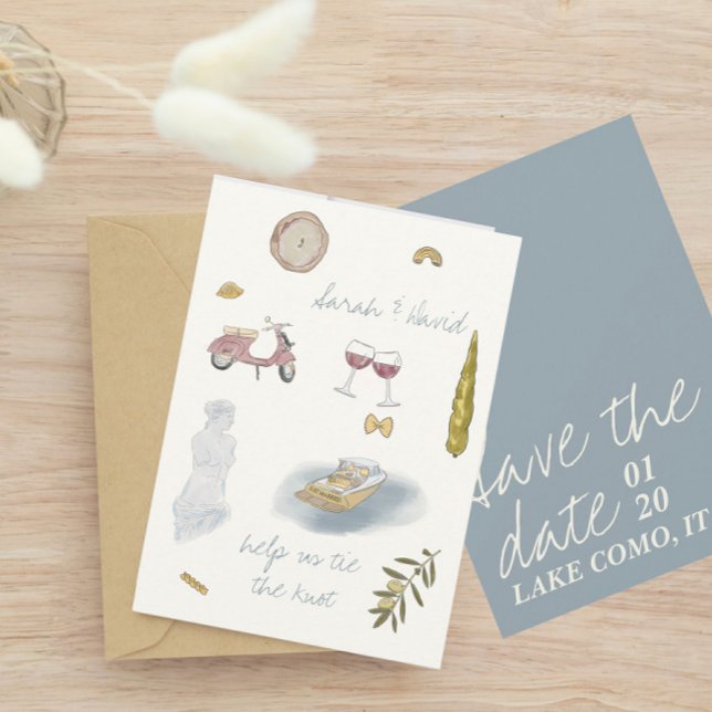 Invitation Lac de Côme Italie sauvez la date avec dessins (Créateur téléchargé)