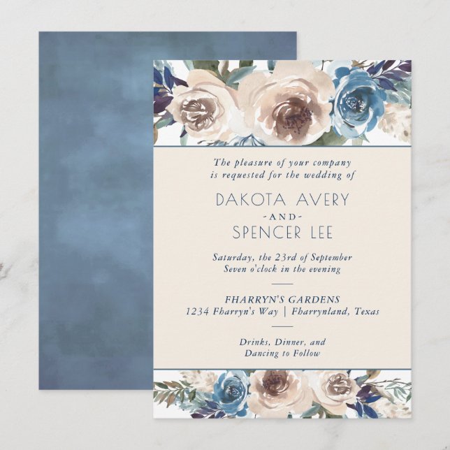 Invitation Lac Floral | Muet bleu et crème Mariage de la terr (Devant / Derrière)