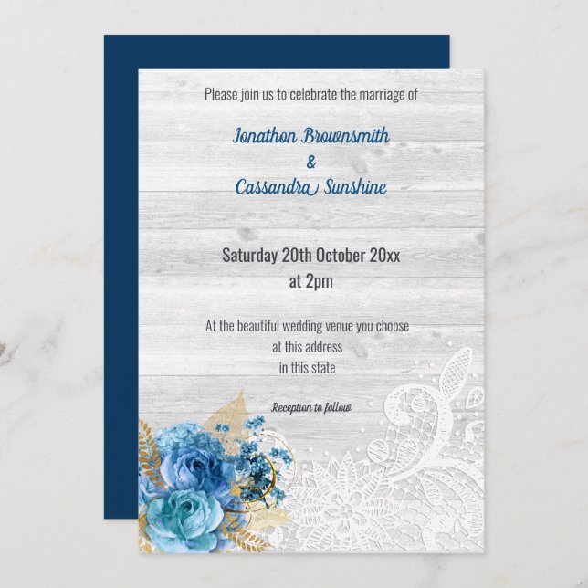 INVITATION LACE FLORAL NAVY BLUE RUSTIC MARIAGE NAVY (Devant / Derrière)