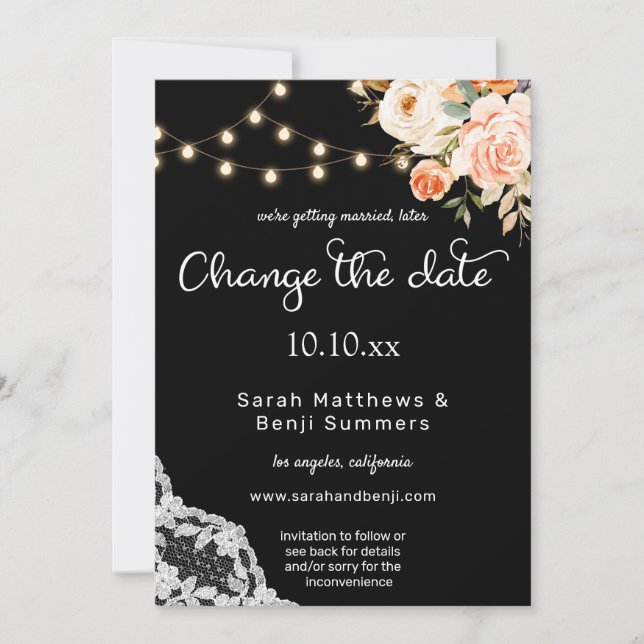 Invitation Lace florale noire et blanche Changer la date (Devant)