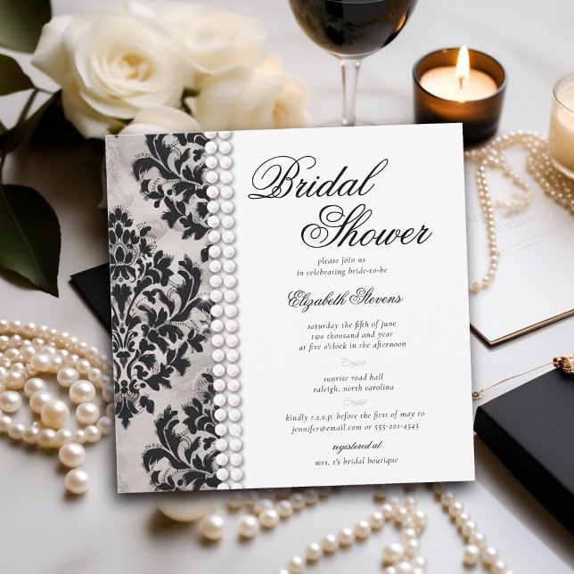 Invitation Lace Pearl Damask noir blanc Fête des mariées offi (lace and pearls bridal shower invitation black and white damask elegant formal modern classic)