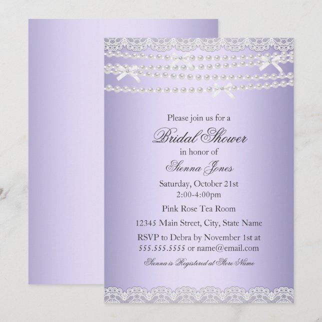 Invitation Lace & Pearl Purple Douche nuptiale (Devant / Derrière)