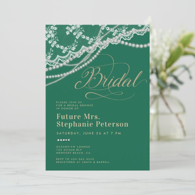 Invitation Lace Pearls Diamonds Emerald Fête des mariées or (Debout devant)