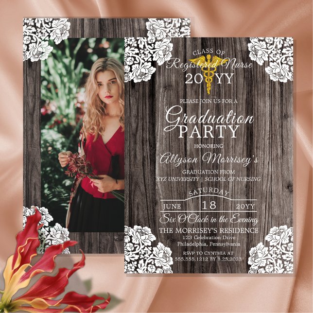 Invitation Lace Wood Photo Nursing School Graduation Médicale (Lace and Wood Rustic Nurse Nursing School Graduate Graduation Announcement |  Party Invitation)