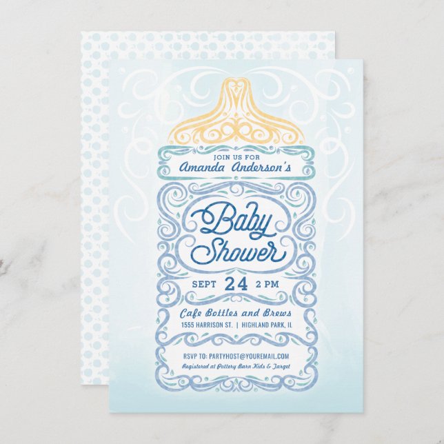 Invitation Lacy Baby Bottle Boy Douche (Devant / Derrière)