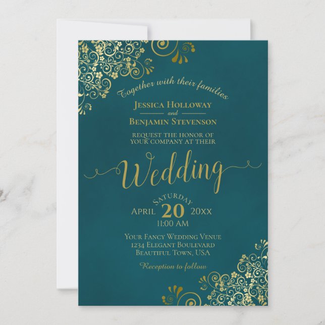 Invitation Lacy Gold Calligraphy Elegant Teal Wedding (Devant)
