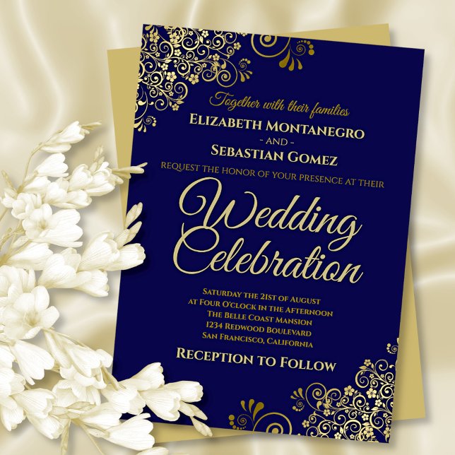 Invitation Lacy Gold Filigree on Navy Simple Elegant Wedding (Front/Back)