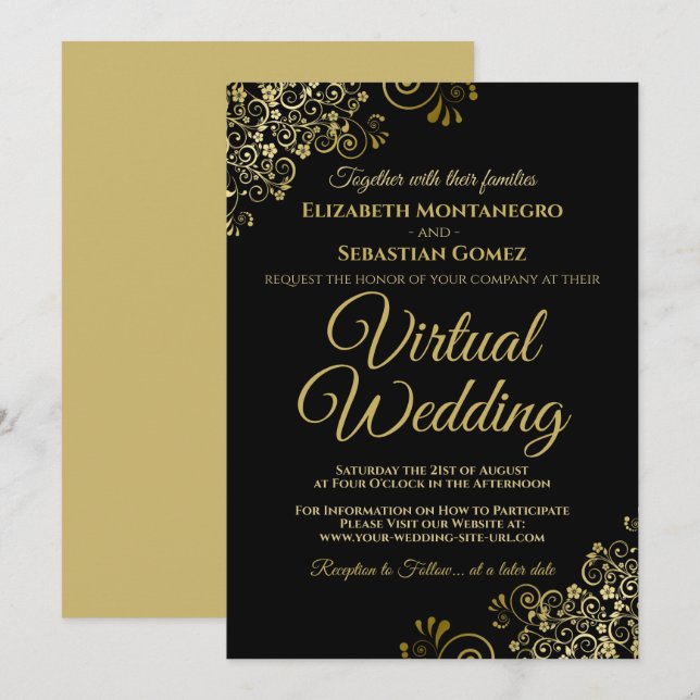 Invitation Lacy Gold Frills sur Black Elegant Virtual Mariage (Devant / Derrière)
