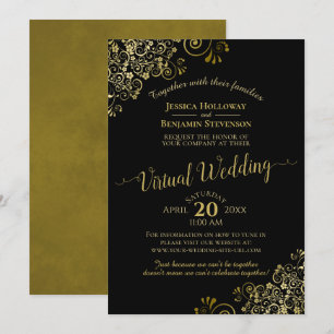 Invitation Lacy Gold Frills sur Black Elegant Virtual Mariage