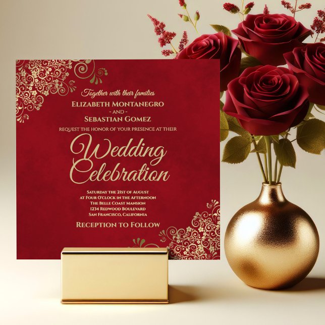 Invitation Lacy Gold Frills sur Crimson Red Elegant Wedding (Créateur téléchargé)