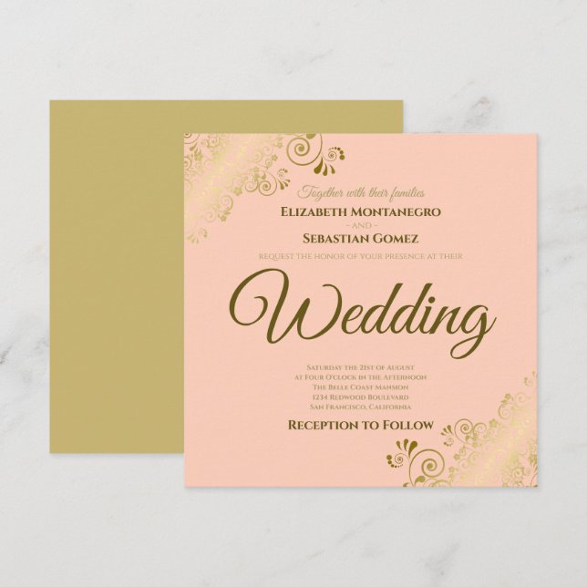 Invitation Lacy Gold sur Coral Peach Élégant Mariage Carré (Devant / Derrière)