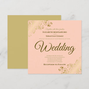 Invitation Lacy Gold sur Coral Peach Élégant Mariage Carré
