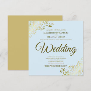 Invitation Lacy Gold sur Poudre Bleu Élégant Mariage Carré