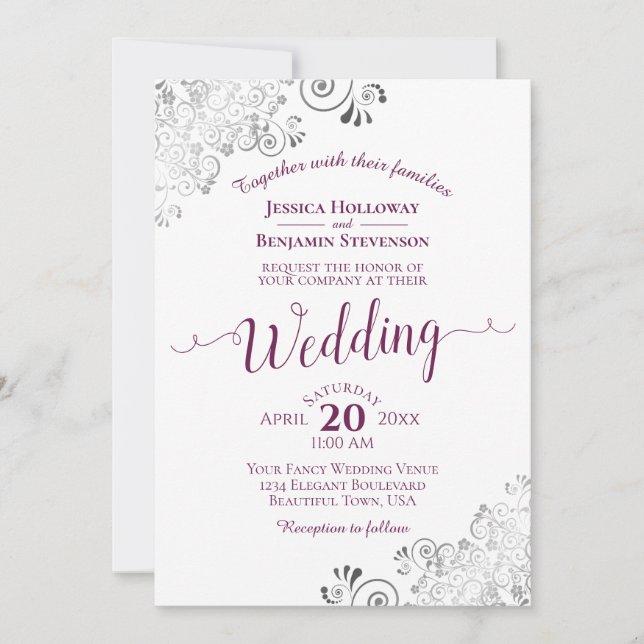 Invitation Lacy Silver Elegant Cassis Purple sur Mariage blan (Devant)