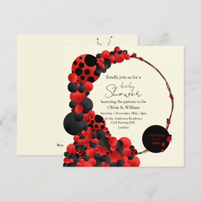 Invitation Lady Bug-Bird-Baby shower-Thème de fête (Devant / Derrière)