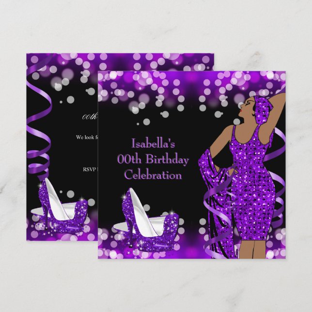 Invitation Lady Parties scintillant violet rétro Haut talons  (Devant / Derrière)