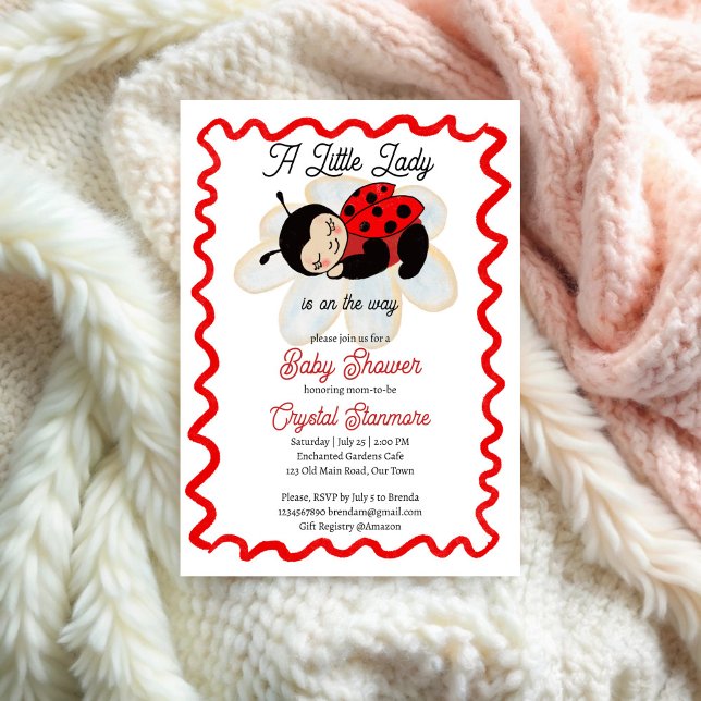 Invitation Ladybug baby shower mignonne petite dame (Ladybug red wavy border baby shower invitation template cute sleepy bug little lady invite)