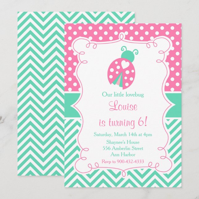 Invitation Ladybug Ladybird Pink fête d'anniversaire (Devant / Derrière)