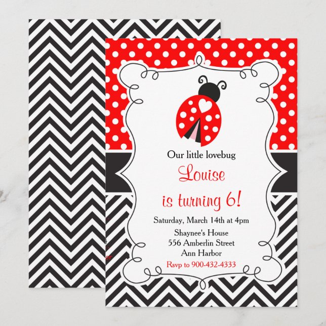 Invitation Ladybug Ladybird Red Birthday Party (Devant / Derrière)