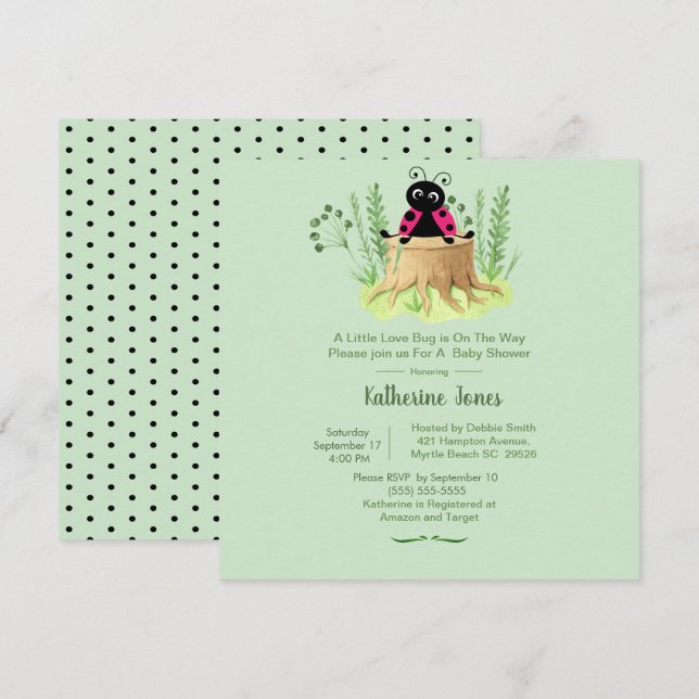 Invitation Ladybug rose mignon dans le Baby shower Forrest (Devant / Derrière)