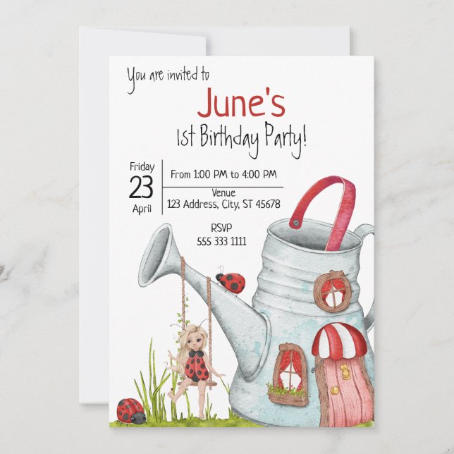 Invitation LadyBug Whimsical 1er anniversaire (Devant)