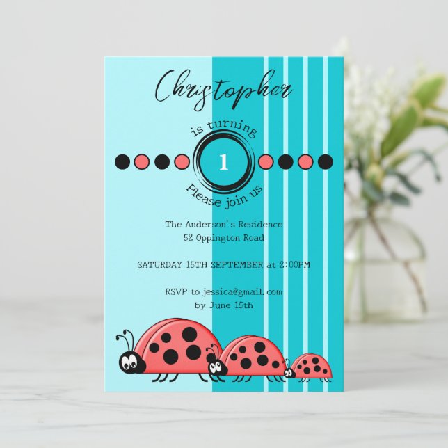 Invitation Ladybugs nom tournant 1 rouge bleu 1er anniversair (Debout devant)