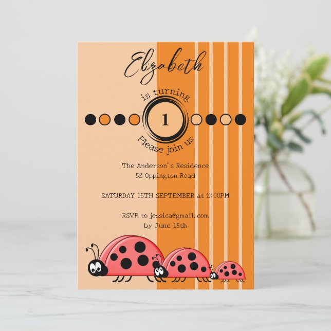 Invitation Ladybugs nom tournant 1 rouge orange 1er anniversa (Debout devant)