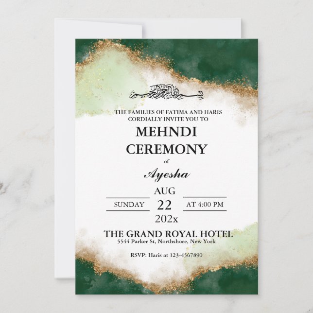 Invitation L'âge de l'or vert Mariage islamique Mehndi (Devant)