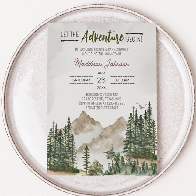 Invitation Laissez l'aventure commencer le Baby shower de mon (Woodland Mountain Baby Shower Invitation)
