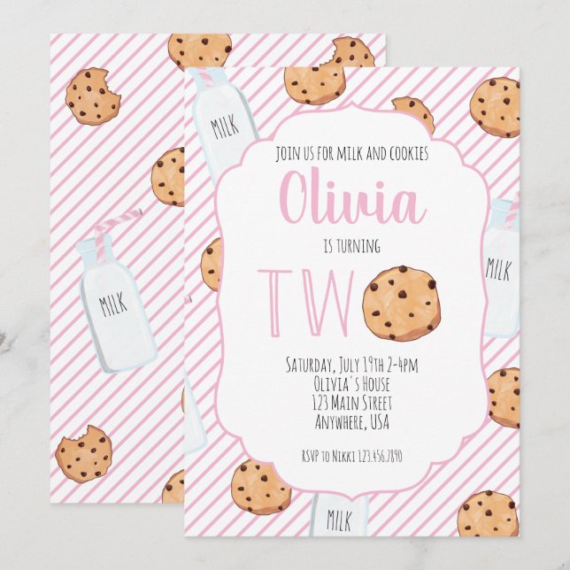 Invitation Lait de fille et biscuits rose 2e anniversaire (Devant / Derrière)