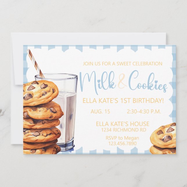 Invitation Lait et biscuit Anniversaire Bleu Plaid Boy 1er An (Devant)