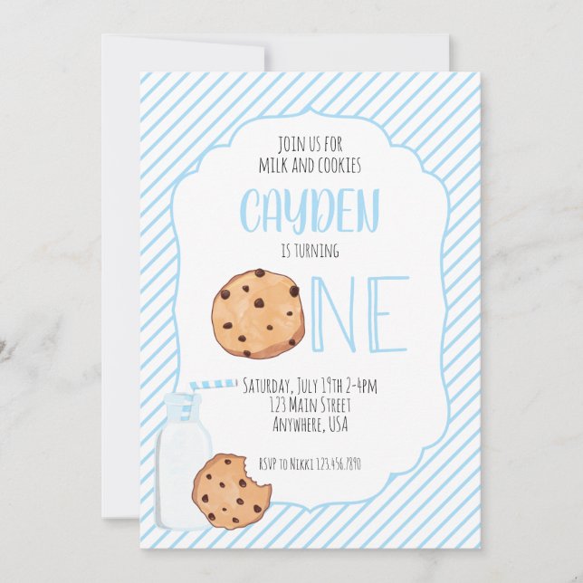 Invitation Lait et biscuits bleu garçon premier anniversaire (Devant)